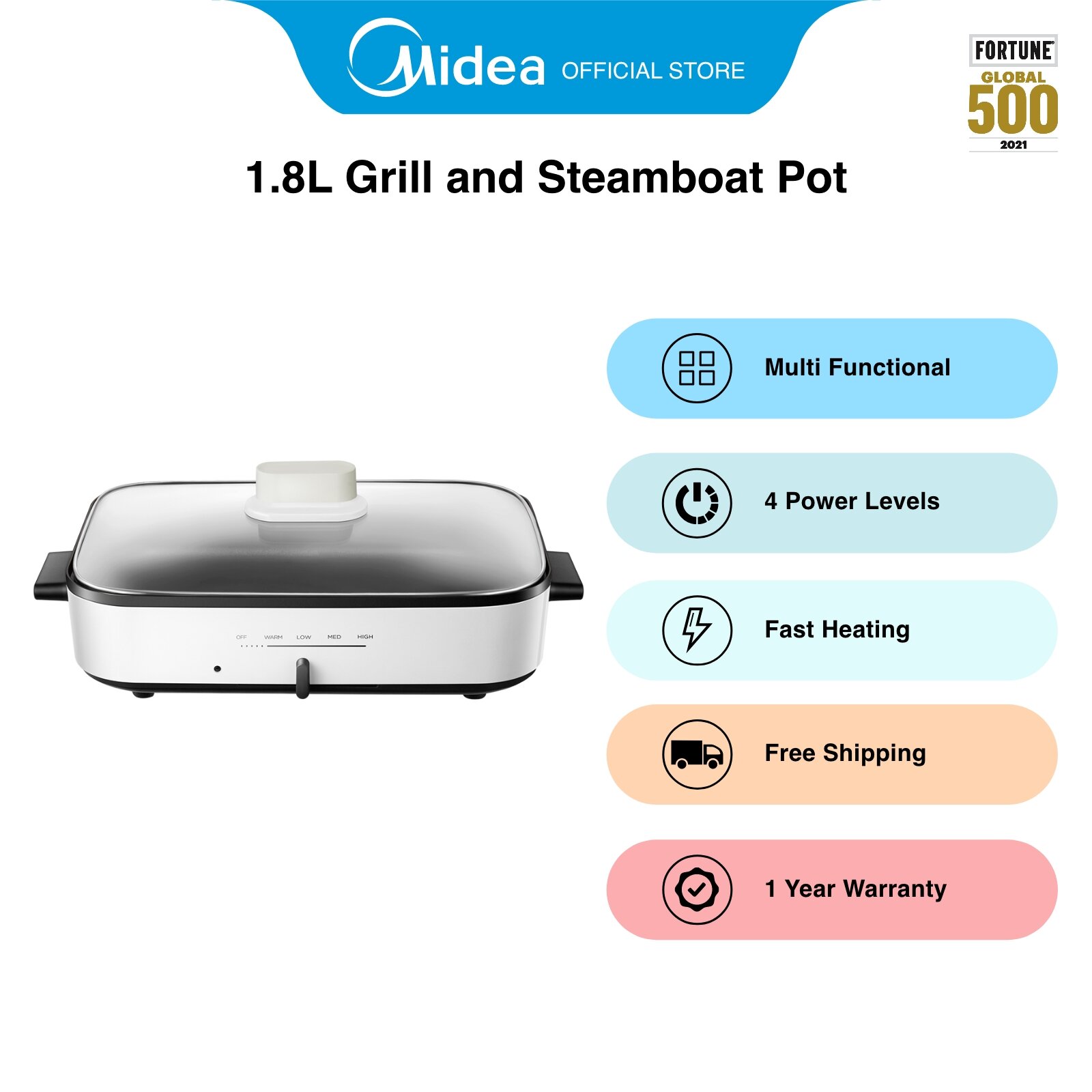 Midea MEC-1036W 1.8L Grill and Steamboat Pot