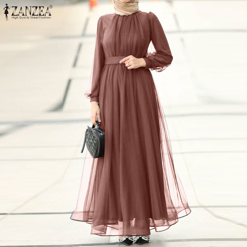 ZANZEA Muslimah Women Muslim Long Sleeve A Line Mesh Sheer Elegant Prom Maxi Dress