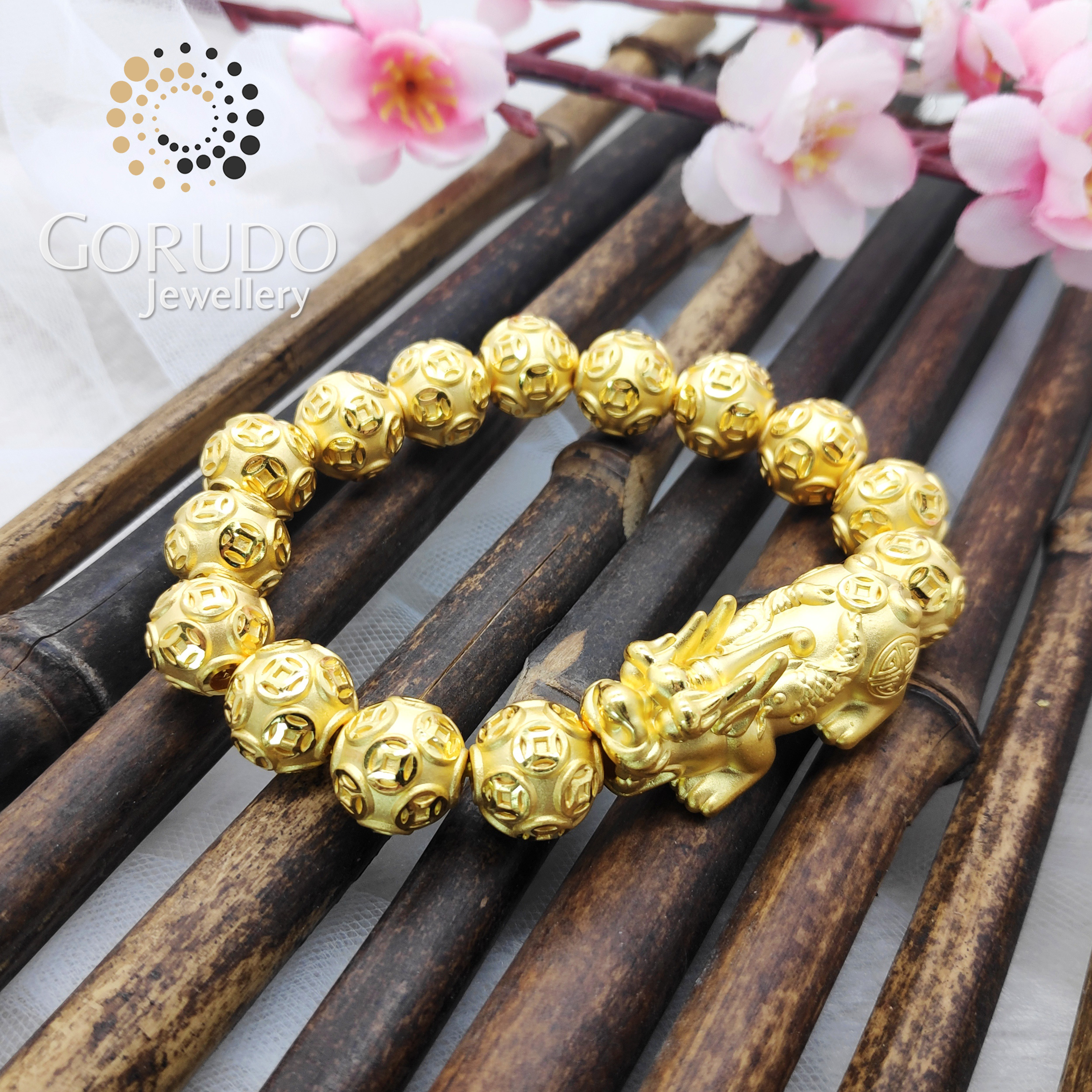 Gorudo Jewellery Pure Gold 999  Pixiu + 15 Auspicious Gold Coin Ball Charm Bracelet