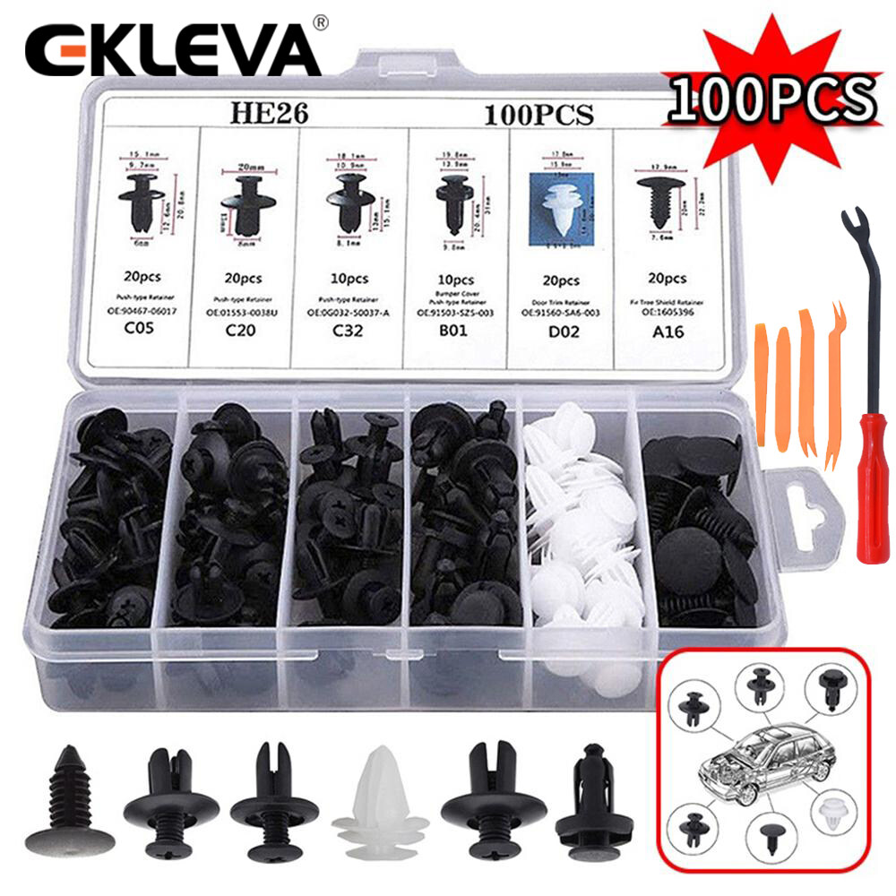 EKLEVA 100PCS Mixed Automobile Universal Plastic Expansion Screw Push Retainer Pin Rivet Bumper Door Trim Panel Retainer Fastener Kit