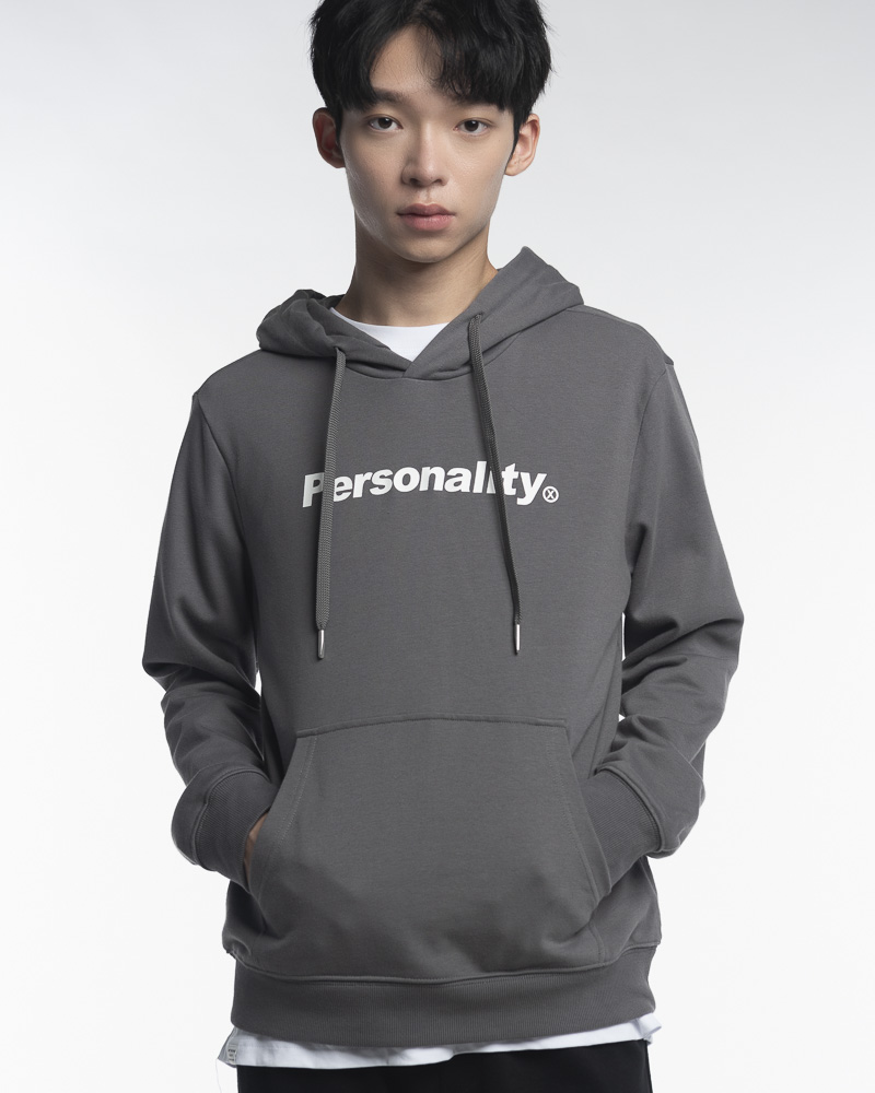 Yishion Men Solid Coloured Pullover Hoodie with Kangaroo Pockets and Personality Slogan (Dk. Gray)